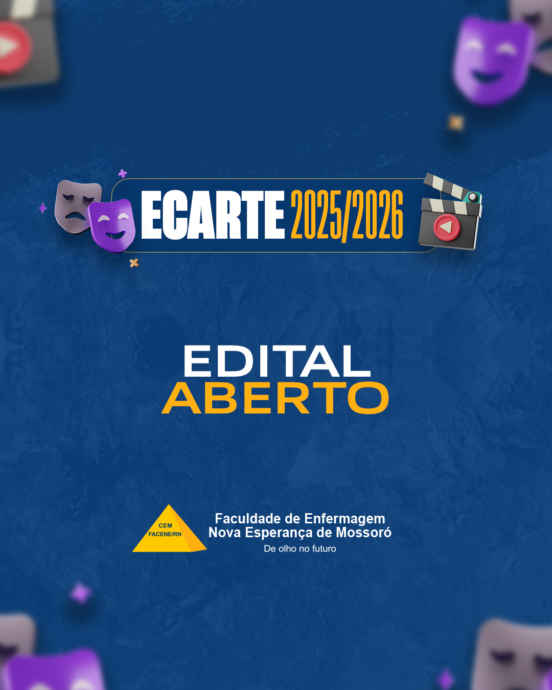 A Faculdade de Enfermagem Nova Esperança de Mossoró (FACENE/RN), por meio do Núcleo de Artes e Cultura (NAC), lança o edital do Projeto de Extensão Estudo de Cultura e Artes – ECARTE 2025/2026.